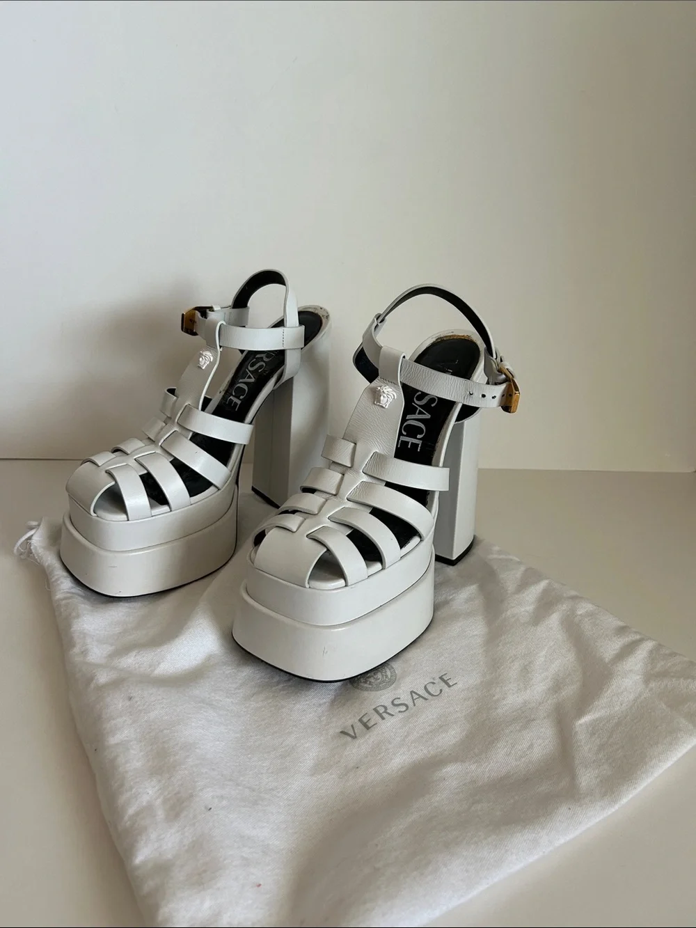 Versace White Leather Cage Platform Sandals with Gold Buckle